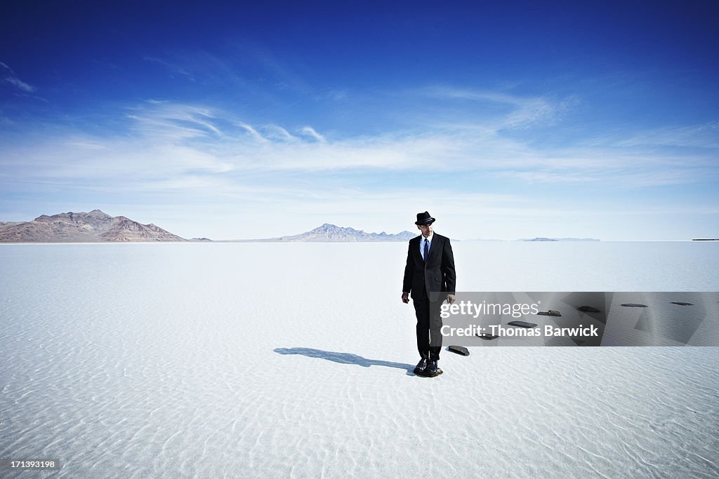 Businessman at end of stone pathway in lake