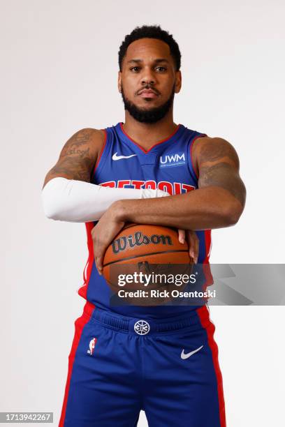 Monte Morris of the Detroit Pistons poses for a portrait during Pistons Media Day at Little Caesars Arena on October 02, 2023 in Detroit, Michigan....