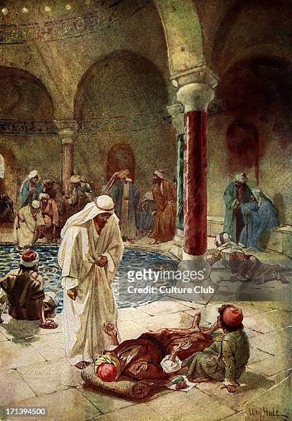 Jesus cures a sick man who is unable to reach the pool at Bethesda, which contains healing waters.. 'Sir, I have no man, when the water is troubled,...