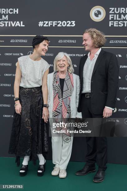 Vicky Krieps, Margarethe von Trotta and Basil Eidenbenz attend the photocall of "Ingeborg Bachmann – Reise in die Wüste" during the 19th Zurich Film...