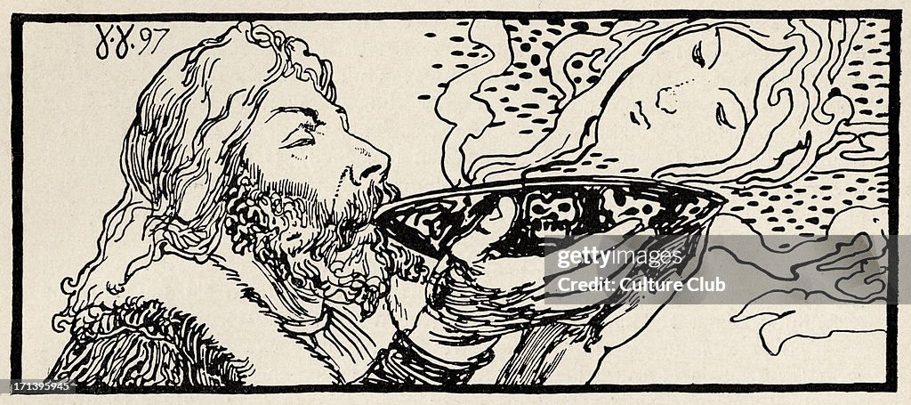 Johann Wolfgang von Goethe, Faust. Illustration showing Dr Faust drinking the witch's brew from the cup of life, which renews Faust's youth.