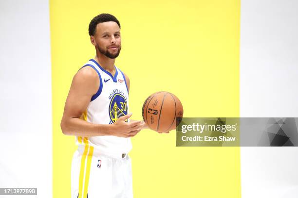 Stephen Curry of the Golden State Warriors poses for a picture during the Warriors' media day on October 02, 2023 in San Francisco, California. NOTE...
