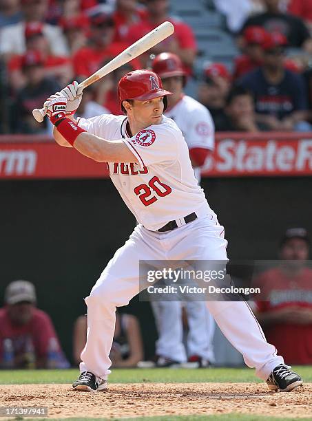 Brendan Harris of the Los Angeles Angels of Anaheim bats in the tenth inning during the MLB game against the Pittsburgh Pirates at Angel Stadium of...