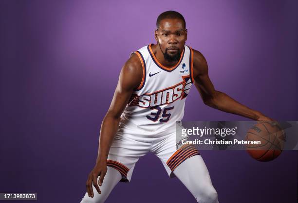 Kevin Durant of the Phoenix Suns poses for a portrait during NBA media day on October 02, 2023 in Phoenix, Arizona.