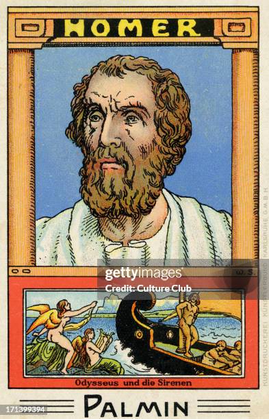 Homer - illustrated portrait. Scene Odysseus and the sirens. Greek writer. Palmin collection card.