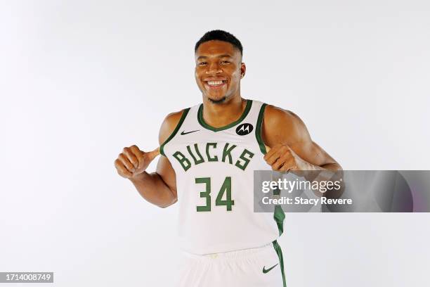 Giannis Antetokounmpo of the Milwaukee Bucks poses for portraits during media day on October 02, 2023 in Milwaukee, Wisconsin. NOTE TO USER: User...