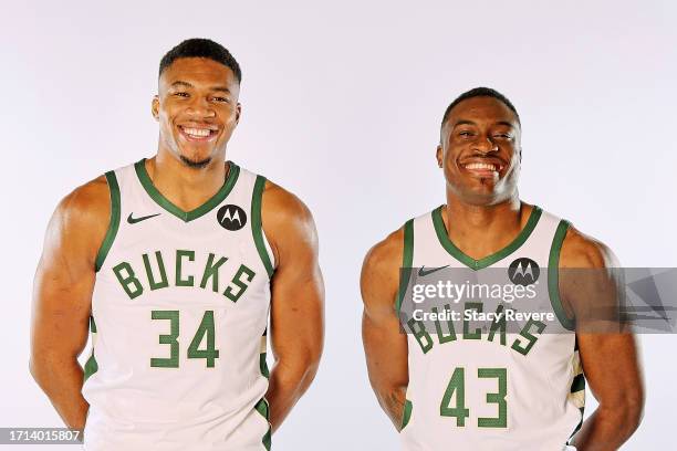 Giannis Antetokounmpo and his brother Thanasis Antetokounmpo of the Milwaukee Bucks pose for portraits during media day on October 02, 2023 in...