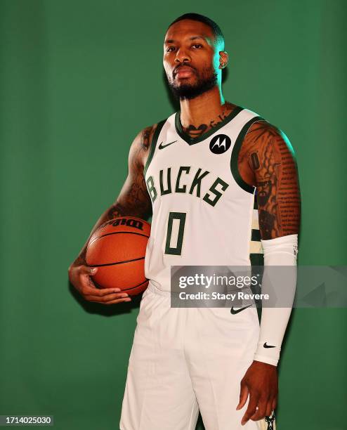 Damian Lillard of the Milwaukee Bucks poses for portraits during media day on October 02, 2023 in Milwaukee, Wisconsin. NOTE TO USER: User expressly...