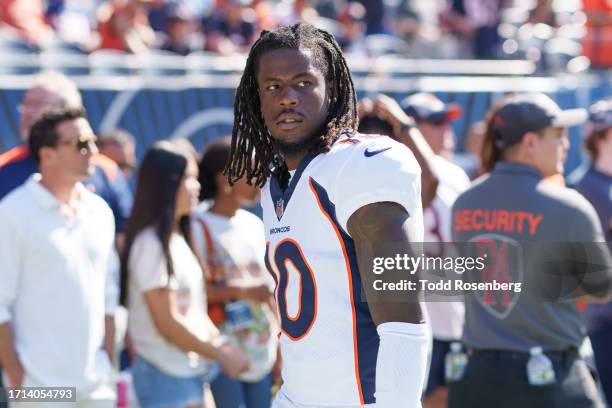 Wide receiver Jerry Jeudy of the Denver Broncos warms up prior to an NFL football game against the Chicago Bears at Soldier Field on October 1, 2023...