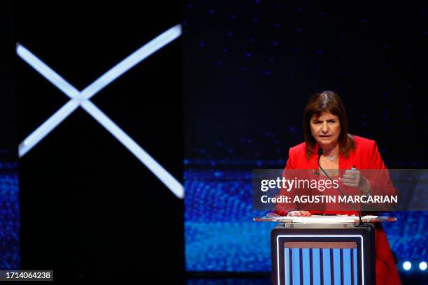 Argentina's presidential candidate for the Juntos por el Cambio party, Patricia Bullrich, speaks during the presidential debate at the Assembly Hall...