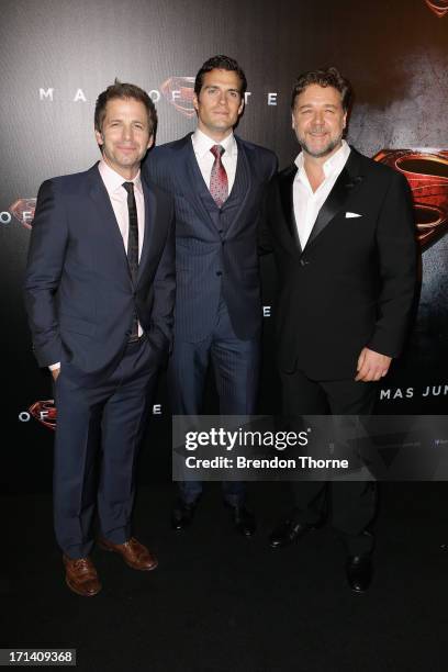 Director Zack Snyder, Henry Cavill and Russell Crowe arrive at the "Man Of Steel" Australian premiere on June 24, 2013 in Sydney, Australia.