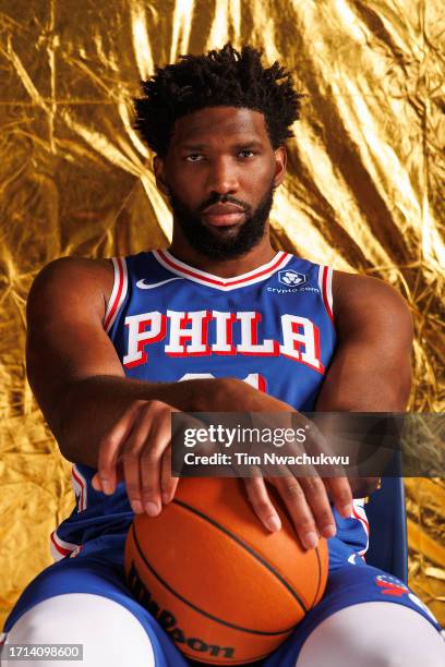 Joel Embiid of the Philadelphia 76ers poses for a portrait during Philadelphia 76ers media day at 76ers Training Complex on October 02, 2023 in...