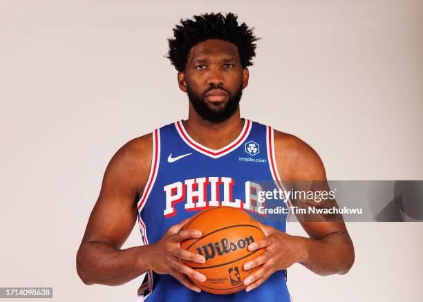 Joel Embiid of the Philadelphia 76ers poses for a portrait during Philadelphia 76ers media day at 76ers Training Complex on October 02, 2023 in...