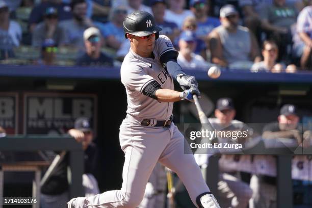 Isiah Kiner-Falefa of the New York Yankees hits against the Kansas City Royals at Kauffman Stadium on October 01, 2023 in Kansas City, Missouri.