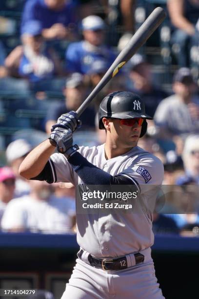 Isiah Kiner-Falefa of the New York Yankees bats against the Kansas City Royals at Kauffman Stadium on October 01, 2023 in Kansas City, Missouri.