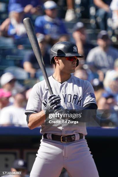 Isiah Kiner-Falefa of the New York Yankees bats against the Kansas City Royals at Kauffman Stadium on October 01, 2023 in Kansas City, Missouri.