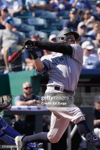 Austin Wells of the New York Yankees hits against the Kansas City Royals in the first inning at Kauffman Stadium on October 01, 2023 in Kansas City,...