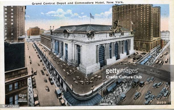 Grand Central Depot and Commodore Hotel, New York Grand Central train station. Postcard with early cars driving outside the railway station. The...