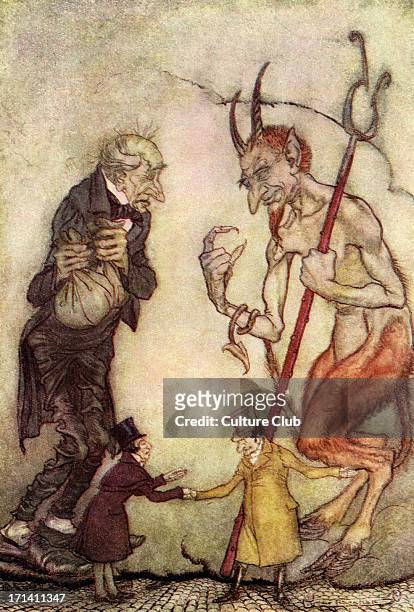 Charles Dickens 's 'A Christmas Carol'. Scrooge with the Third Spirit - the Ghost of Christmas Future. Illustration by Arthur Rackham, 1867-1939. CD,...