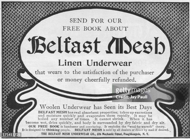 Advertisement for Belfast mesh linen underwear by The Belfast Mesh Underwear Company in Poughkeepsie, New York, 1902.