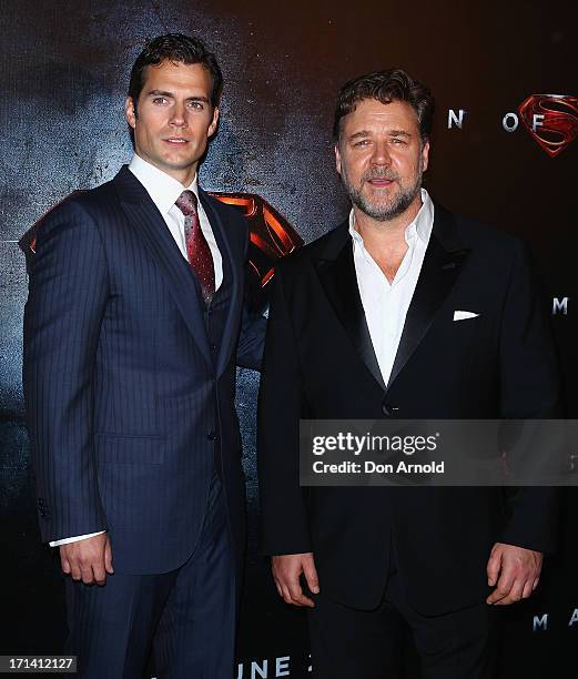 Henry Cavill and Russell Crowe attend the "Man Of Steel" Australian Premiere at Event Cinemas, George Street on June 24, 2013 in Sydney, Australia.