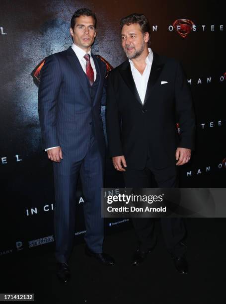 Henry Cavill and Russell Crowe attend the "Man Of Steel" Australian Premiere at Event Cinemas, George Street on June 24, 2013 in Sydney, Australia.