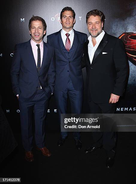 Zack Snyder, Henry Cavill and Russell Crowe attend the "Man Of Steel" Australian Premiere at Event Cinemas, George Street on June 24, 2013 in Sydney,...