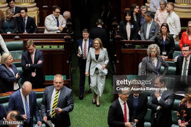 Premier of Victoria, Jacinta Allan arrives with Deputy Premier Ben Carroll at Victorian Parliament house on October 03, 2023 in Melbourne, Australia....