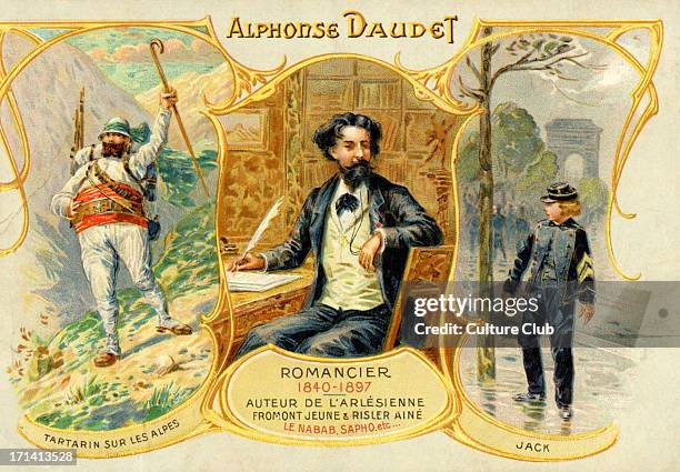 Alphonse Daudet - illustrated portrait showing characters from his works: Tartarin de Tarascon and Jack. French novelist and short story writer, 1840