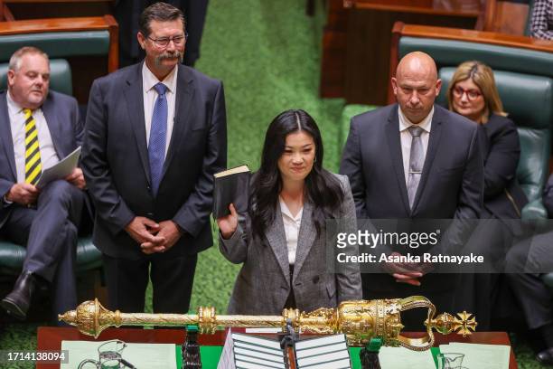 Nicole Werner the Liberal member for Warrandyte swears in as a new member of Parliament at Victorian Parliament house on October 03, 2023 in...