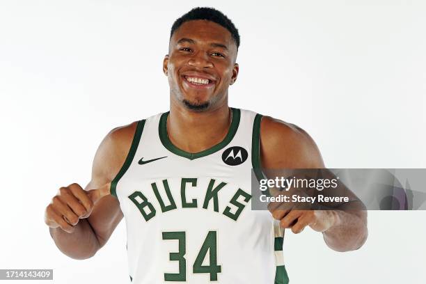 Giannis Antetokounmpo and his brother Thanasis Antetokounmpo of the Milwaukee Bucks pose for portraits during media day on October 02, 2023 in...