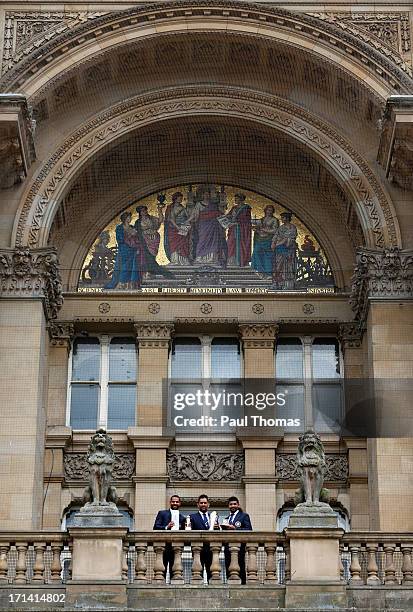 Shikhar Dhawan, MS Dhoni and Ravindra Jadeja of India during ICC Champions Trophy Winners Photocall at the Birmingham City Council Building on June...