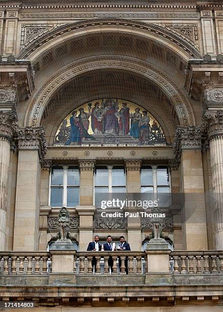 Shikhar Dhawan, MS Dhoni and Ravindra Jadeja of India during ICC Champions Trophy Winners Photocall at the Birmingham City Council Building on June...