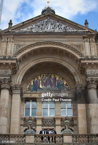 Shikhar Dhawan, MS Dhoni and Ravindra Jadeja of India during ICC Champions Trophy Winners Photocall at the Birmingham City Council Building on June...