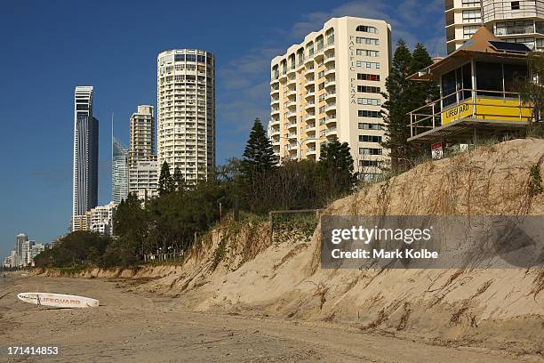 General view is seen of the damage caused by beach erosion at Main Beach Southport on June 24, 2013 on the Gold Coast, Australia. Large sea swells...