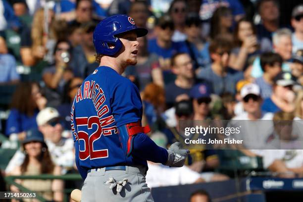 Pete Crow-Armstrong of the Chicago Cubs up to bat during the game against the Milwaukee Brewers at American Family Field on October 01, 2023 in...