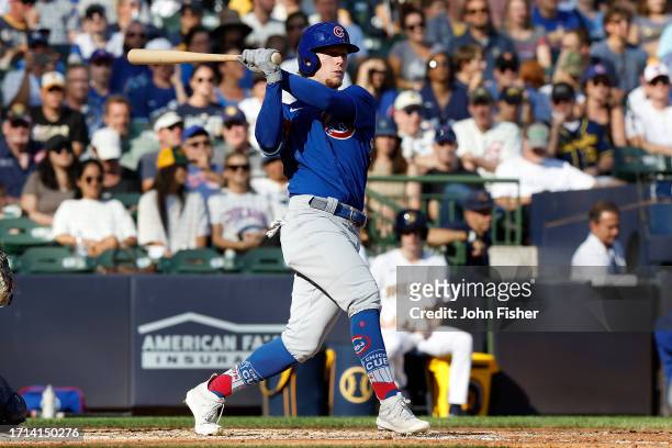 Pete Crow-Armstrong of the Chicago Cubs up to bat during the game against the Milwaukee Brewers at American Family Field on October 01, 2023 in...