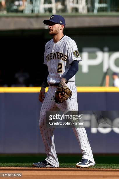 Brice Turang of the Milwaukee Brewers before the pitch during the game against the Chicago Cubs at American Family Field on October 01, 2023 in...