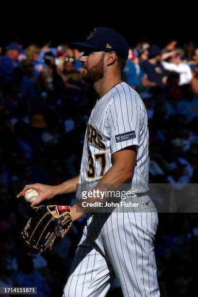 Adrian Houser of the Milwaukee Brewers steps to the mound during the game against the Chicago Cubs at American Family Field on October 01, 2023 in...