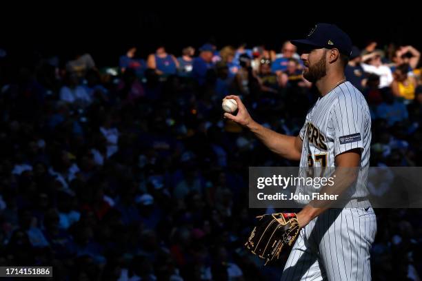 Adrian Houser of the Milwaukee Brewers steps to the mound during the game against the Chicago Cubs at American Family Field on October 01, 2023 in...