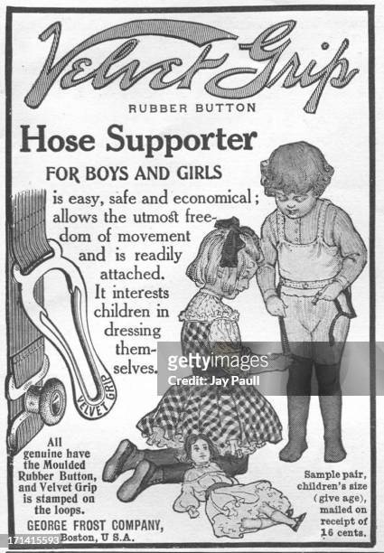 Advertisement for the Velvet Grip hose supporter by the George Frost Company in Boston, Massachusetts, 1910.