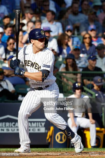 Tyrone Taylor of the Milwaukee Brewers up to bat during the game against the Chicago Cubs at American Family Field on October 01, 2023 in Milwaukee,...