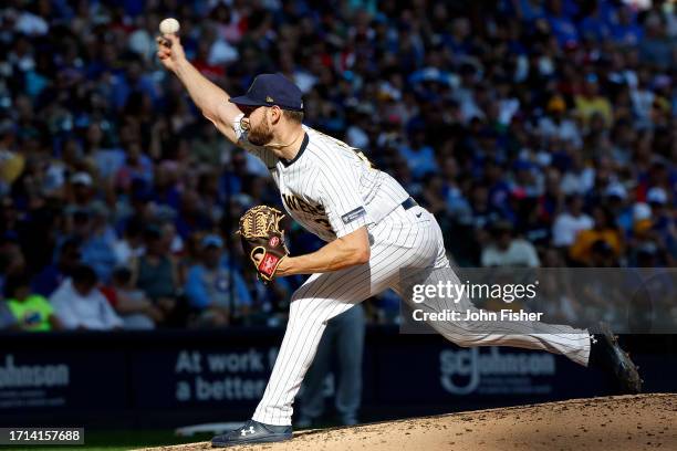 Adrian Houser of the Milwaukee Brewers throws a pitch during the game against the Chicago Cubs at American Family Field on October 01, 2023 in...