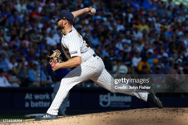 Adrian Houser of the Milwaukee Brewers throws a pitch during the game against the Chicago Cubs at American Family Field on October 01, 2023 in...