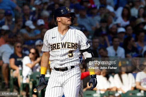 Josh Donaldson of the Milwaukee Brewers up to bat during the game against the Chicago Cubs at American Family Field on October 01, 2023 in Milwaukee,...