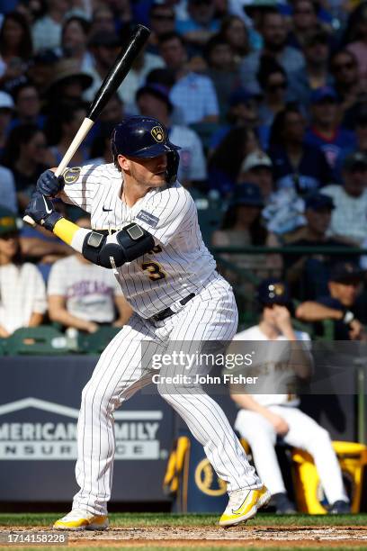 Josh Donaldson of the Milwaukee Brewers up to bat during the game against the Chicago Cubs at American Family Field on October 01, 2023 in Milwaukee,...