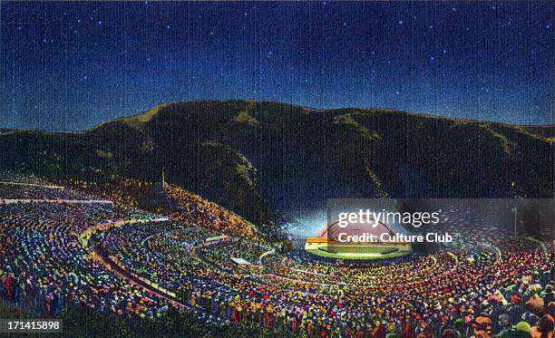 The Hollywood Bowl, Hollywood, California. Postcard titled 'The Symphony Under The Stars' of concert performance. Outdoor amphitheatre in Hollywood...