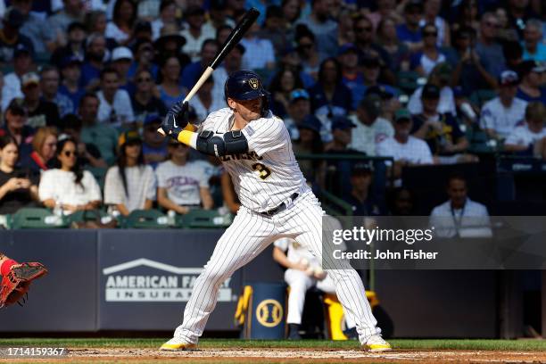 Josh Donaldson of the Milwaukee Brewers up to bat during the game against the Chicago Cubs at American Family Field on October 01, 2023 in Milwaukee,...