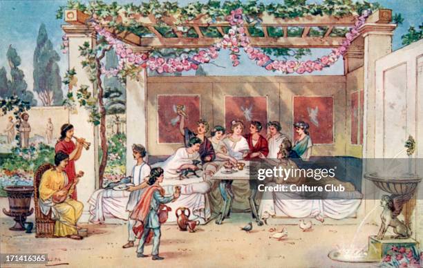 The Roman Empire - dinner in the garden. Food, feast, feasts, banquet, banquets, meal, fountain, fountains, leisure, toga, togas, flowers, double...