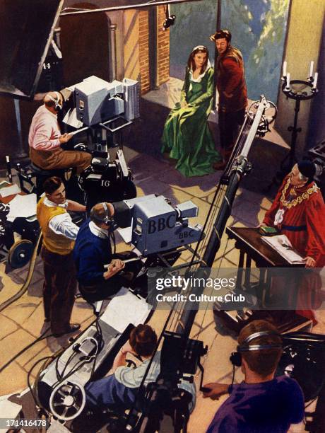 Television studio, early 1950s. Camera crew, boom microphones, actors in Shakespearian drama. Illustration by unknown artist, from The Wonder Book of...